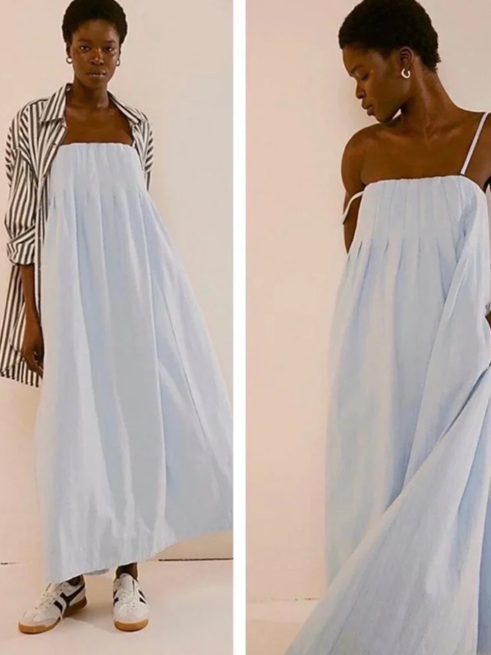 Free People All for Sun Maxi Light Blue Pleated Oversized Strapless Dress
